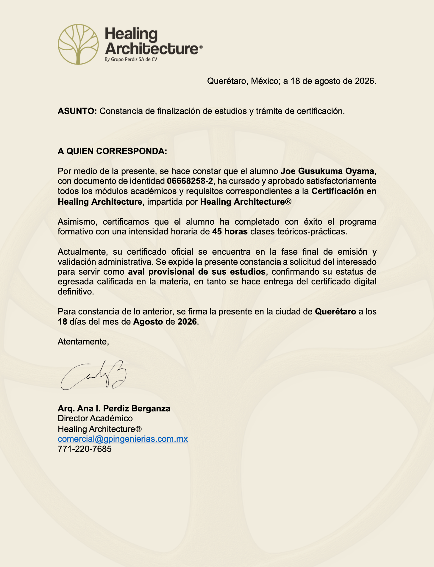 Constancia de certificación en Healing Architecture — Joe Gusukuma Oyama