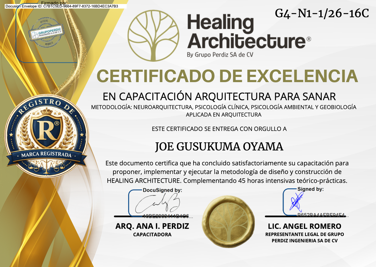 Certificado de Excelencia en Healing Architecture — Joe Gusukuma Oyama